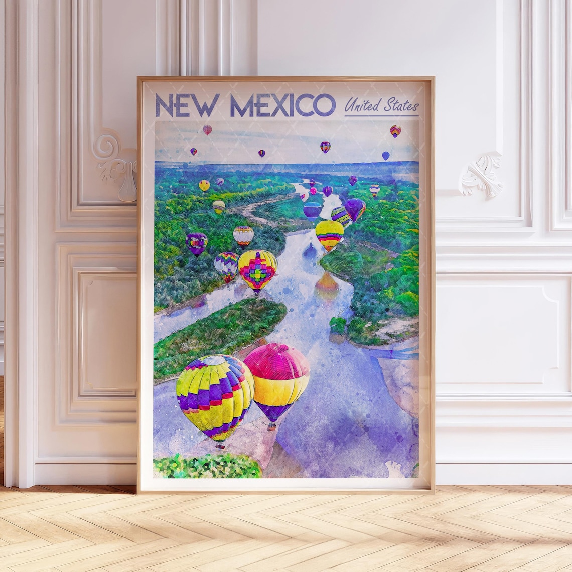 New Mexico Hot Air Balloons Watercolor Travel Poster Fiesta Sky Art