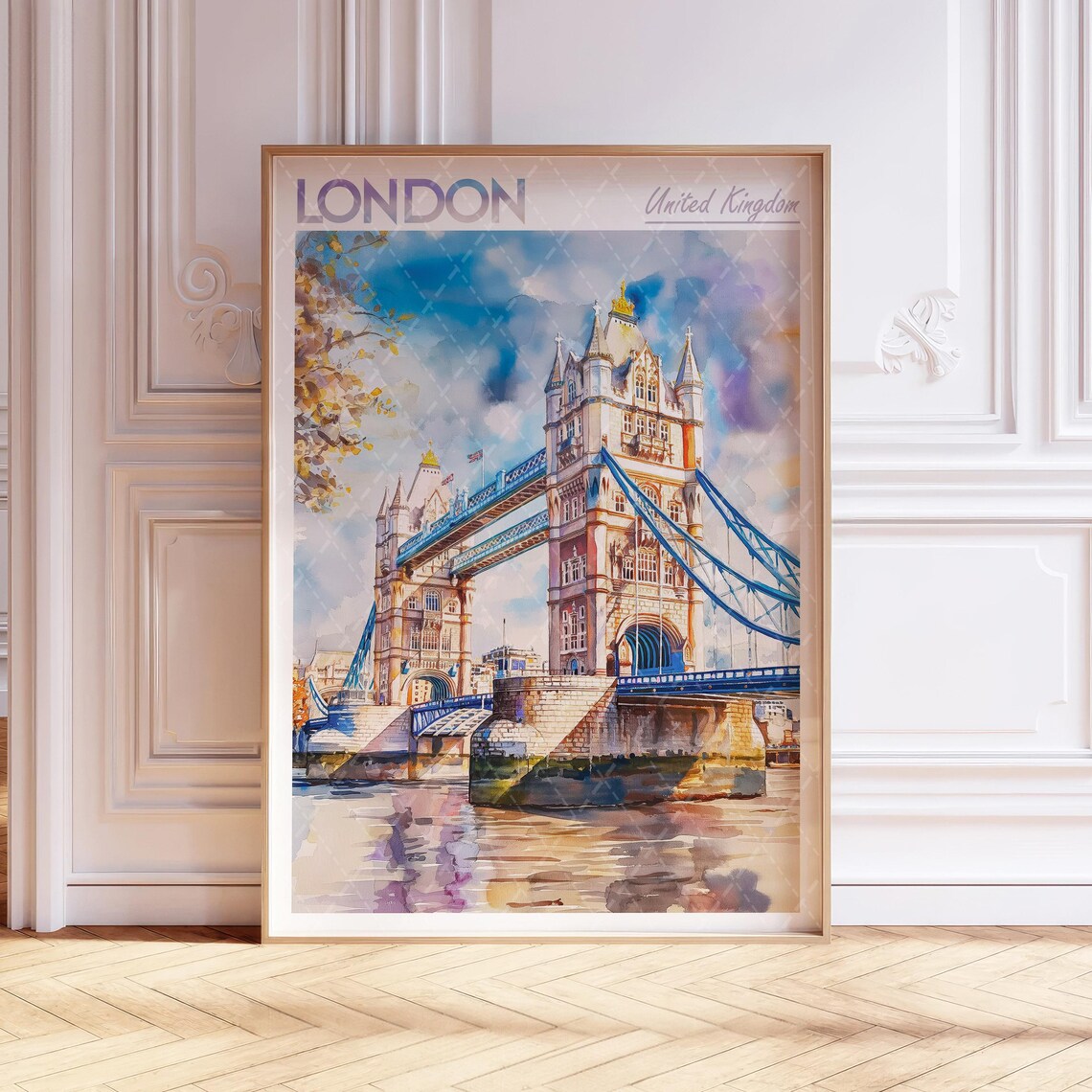 London Tower Bridge England Thames Watercolor Landmark Travel Poster