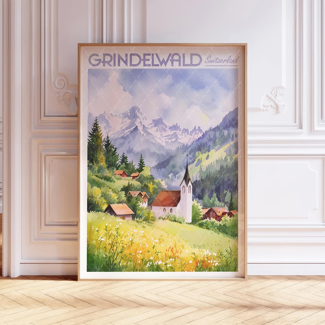 Grindelwald Switzerland Alpine Village Watercolor Travel Poster