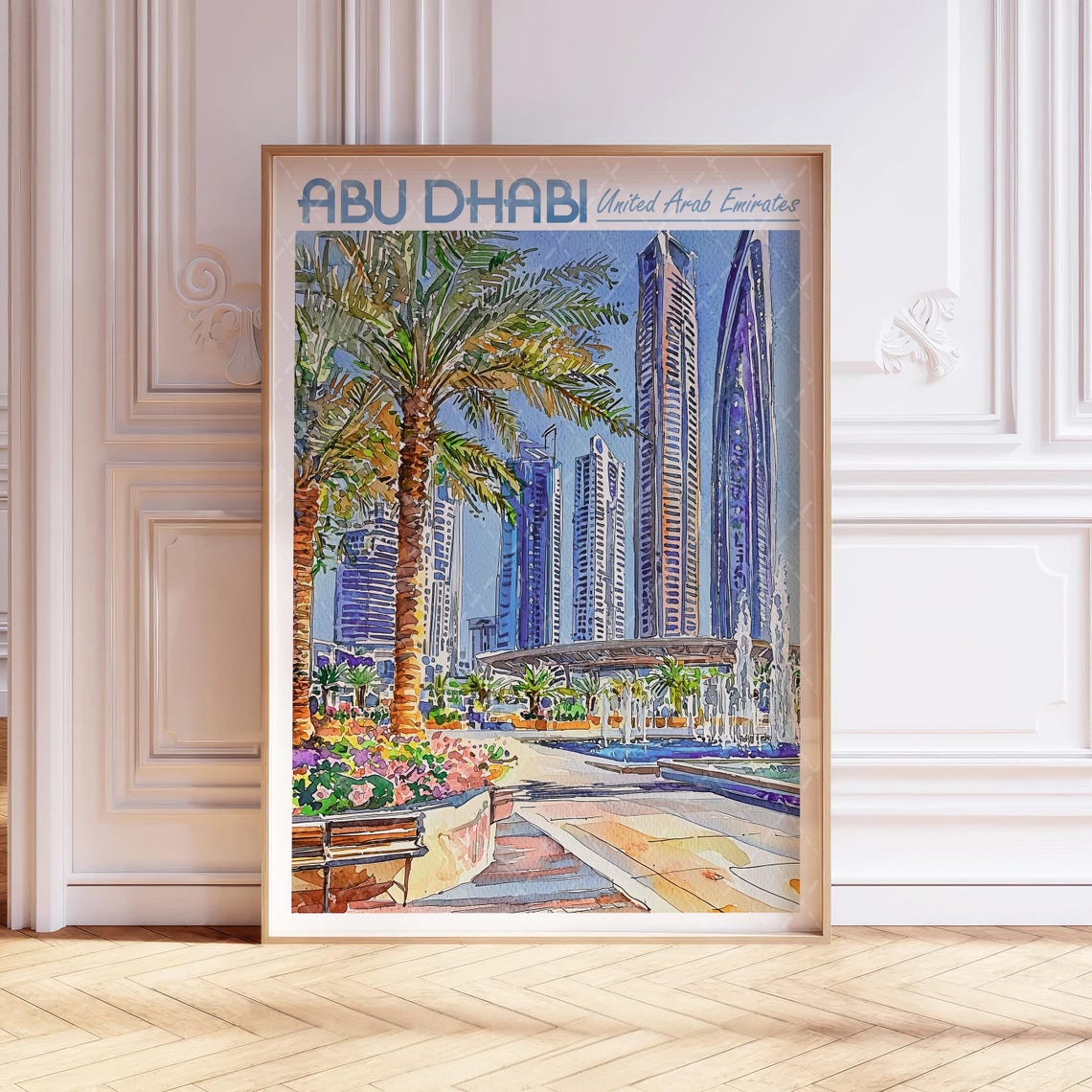 Abu Dhabi United Arab Emirates Corniche Skyline Watercolor Poster