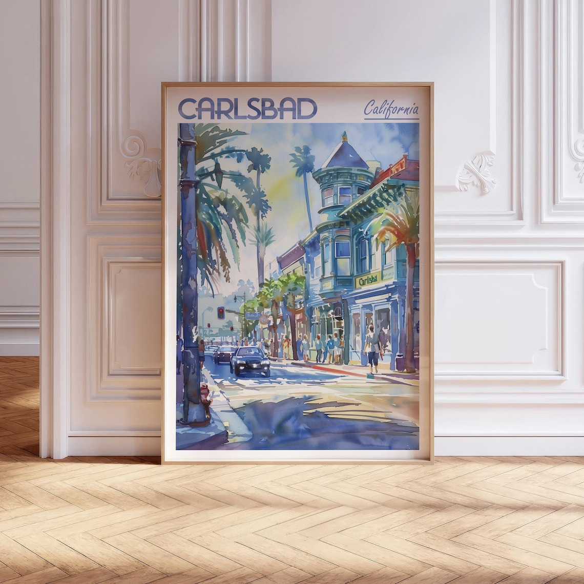 Carlsbad California Vintage Street Palms Victorian Downtown Travel Poster