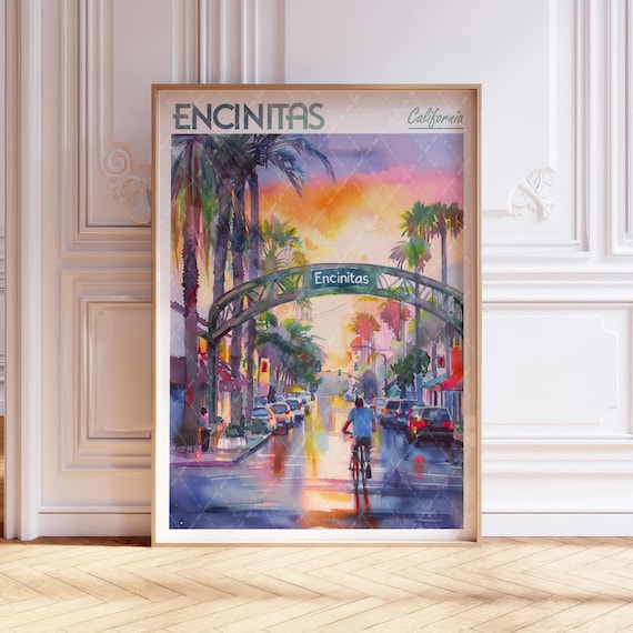 Encinitas California Sunset Street Arch Watercolor Travel Poster