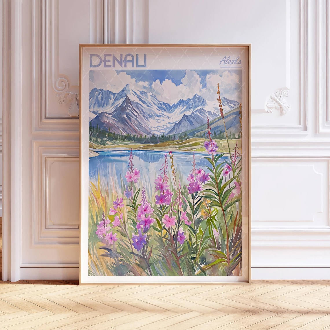Denali Alaska National Park Watercolor Poster Snowcapped Mountains Wildflowers
