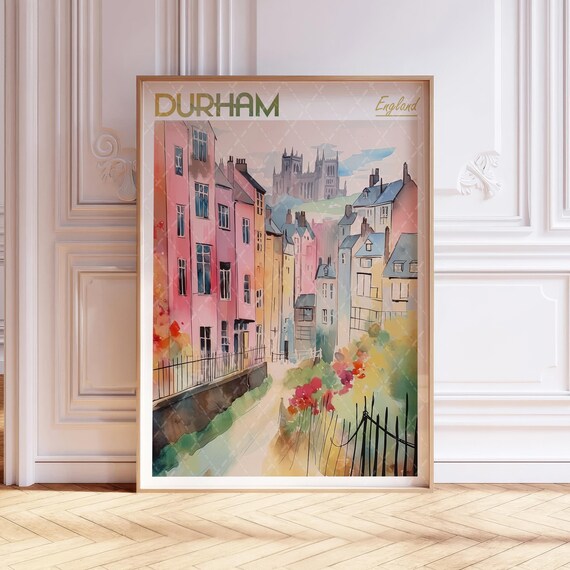 Durham England Cathedral Street Scene Vintage Watercolor Travel Poster