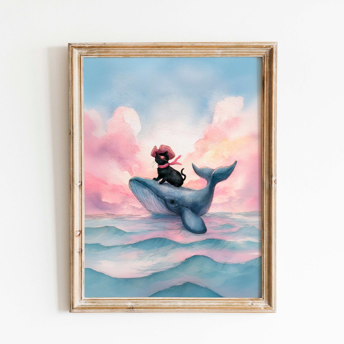 Black Cat Pirate Riding A Blue Whale Pastel Watercolor Poster