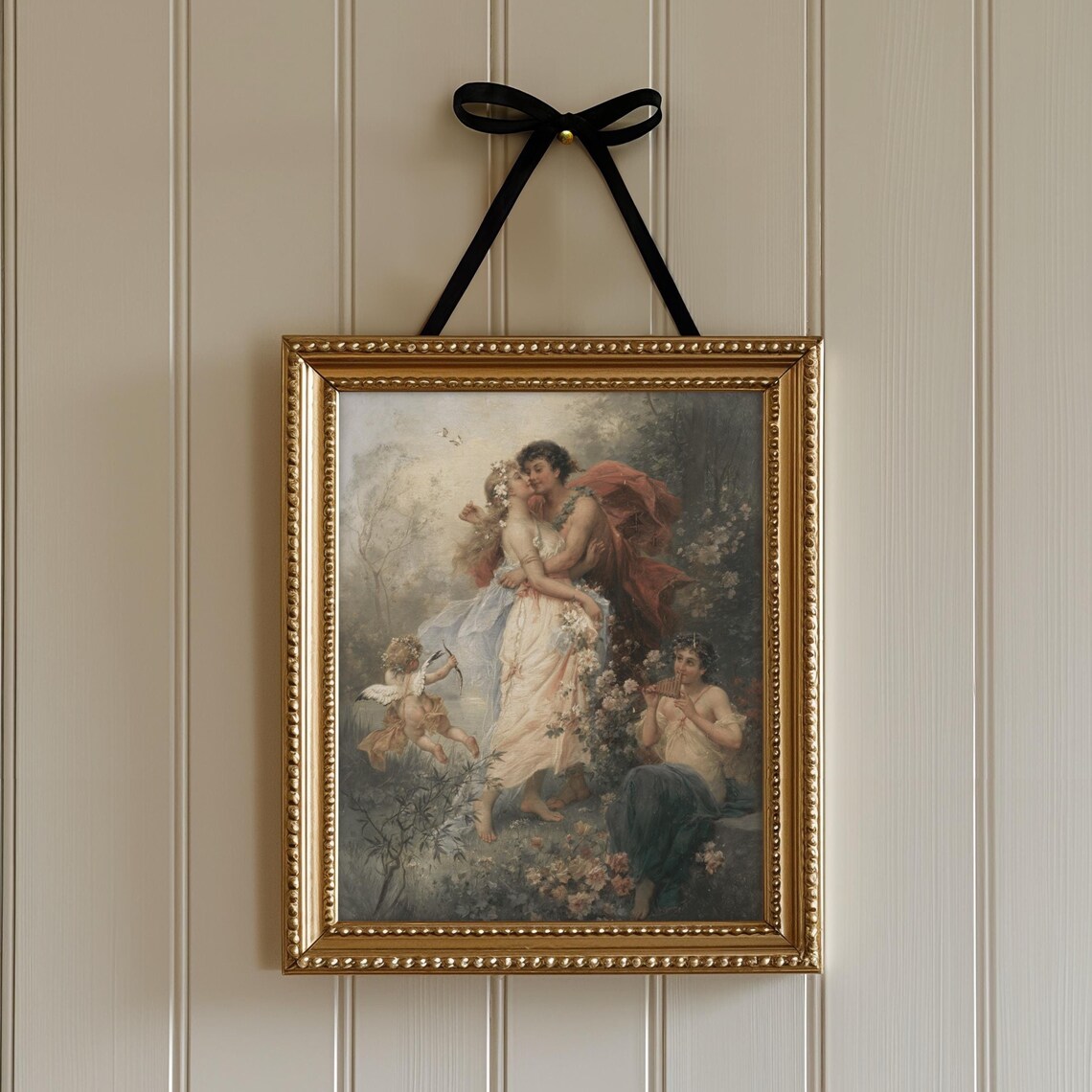 Vintage Romantic Lovers in Garden Cupid Classical Painting Art Print
