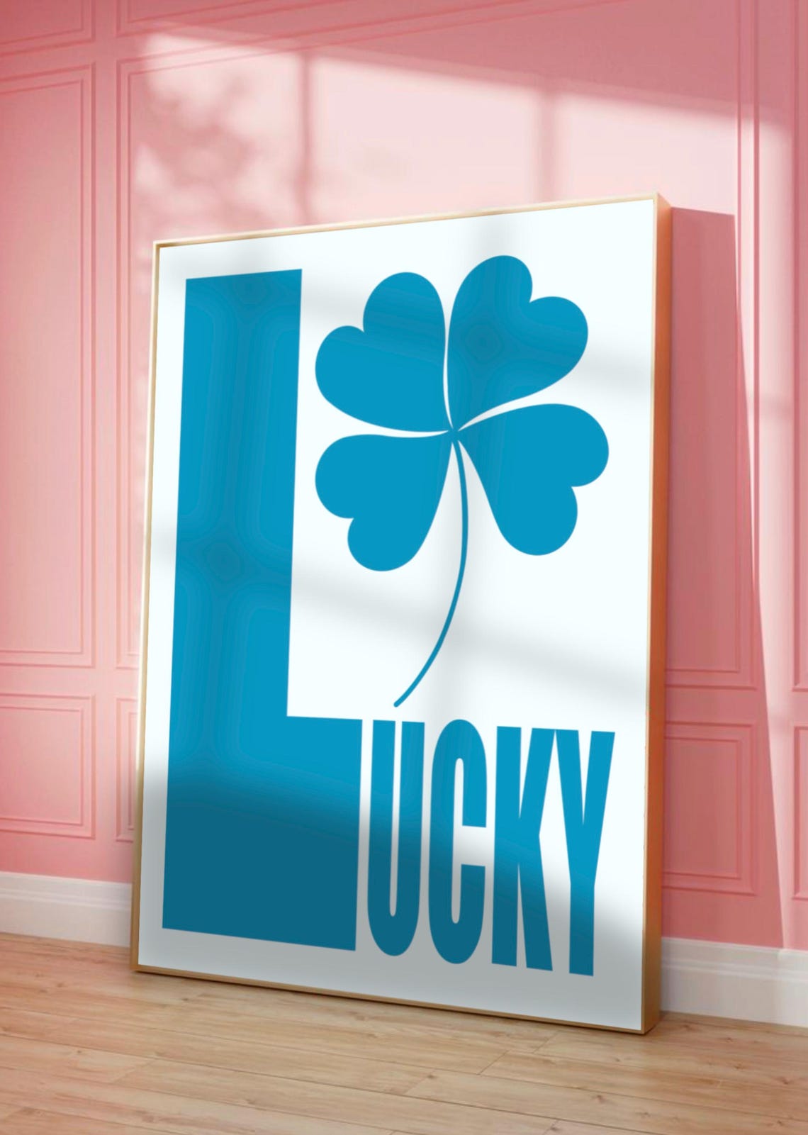 Lucky Bold Blue Letters Clover White Background Typography Poster