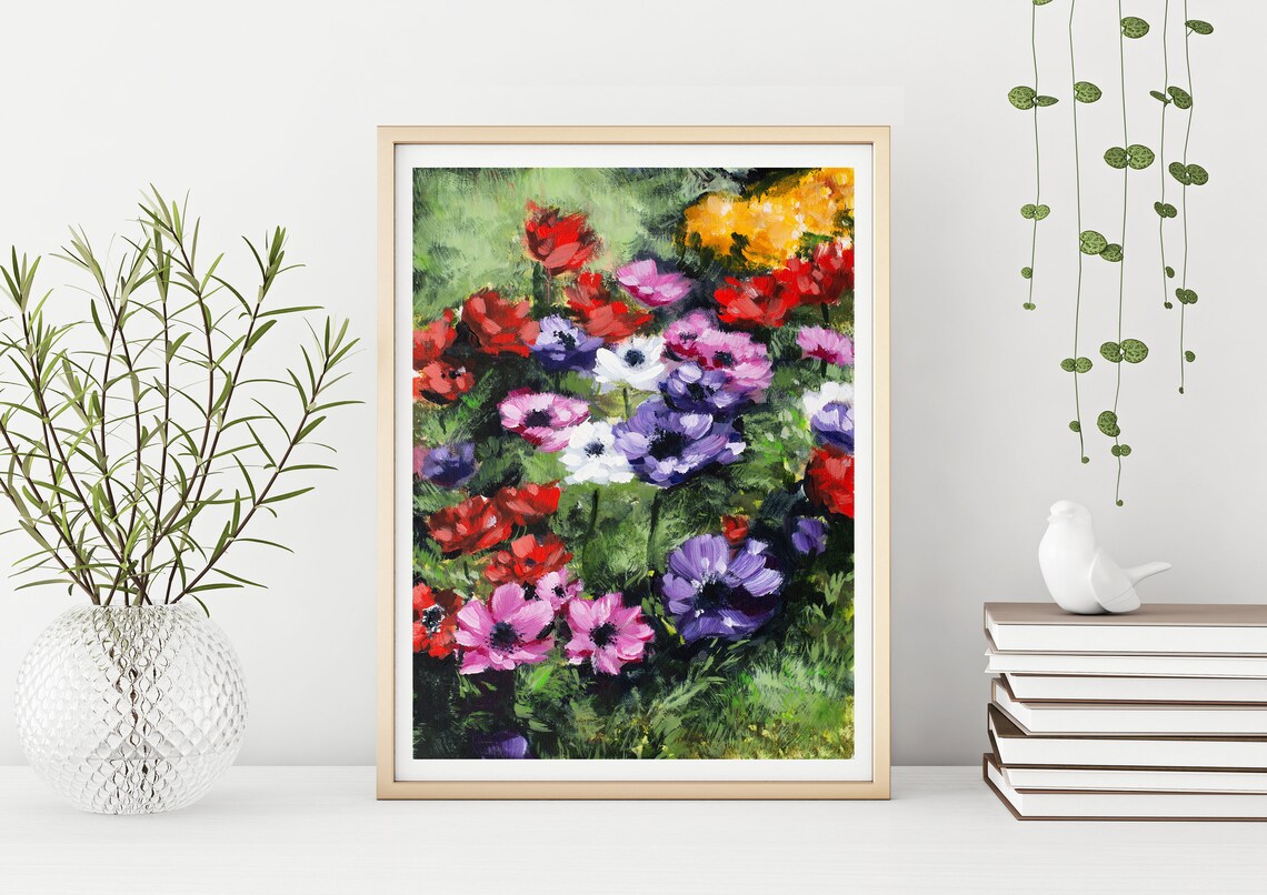 Colorful Anemone Wildflower Field Red Purple Garden Painting Poster