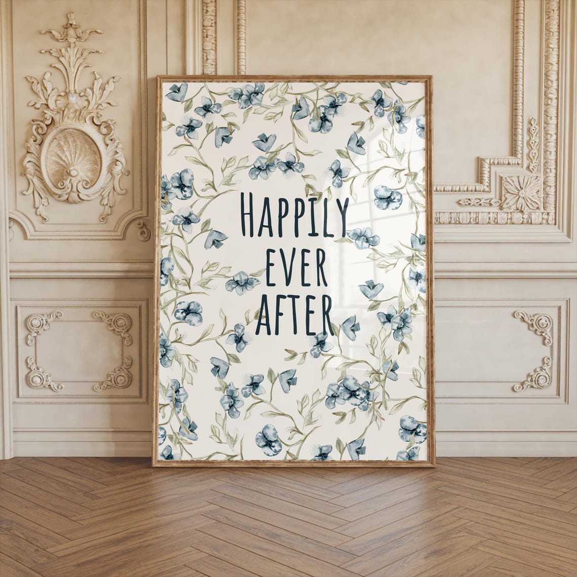 Happily Ever After Blue Floral Watercolor Wedding Decor Wall Art - Image 3