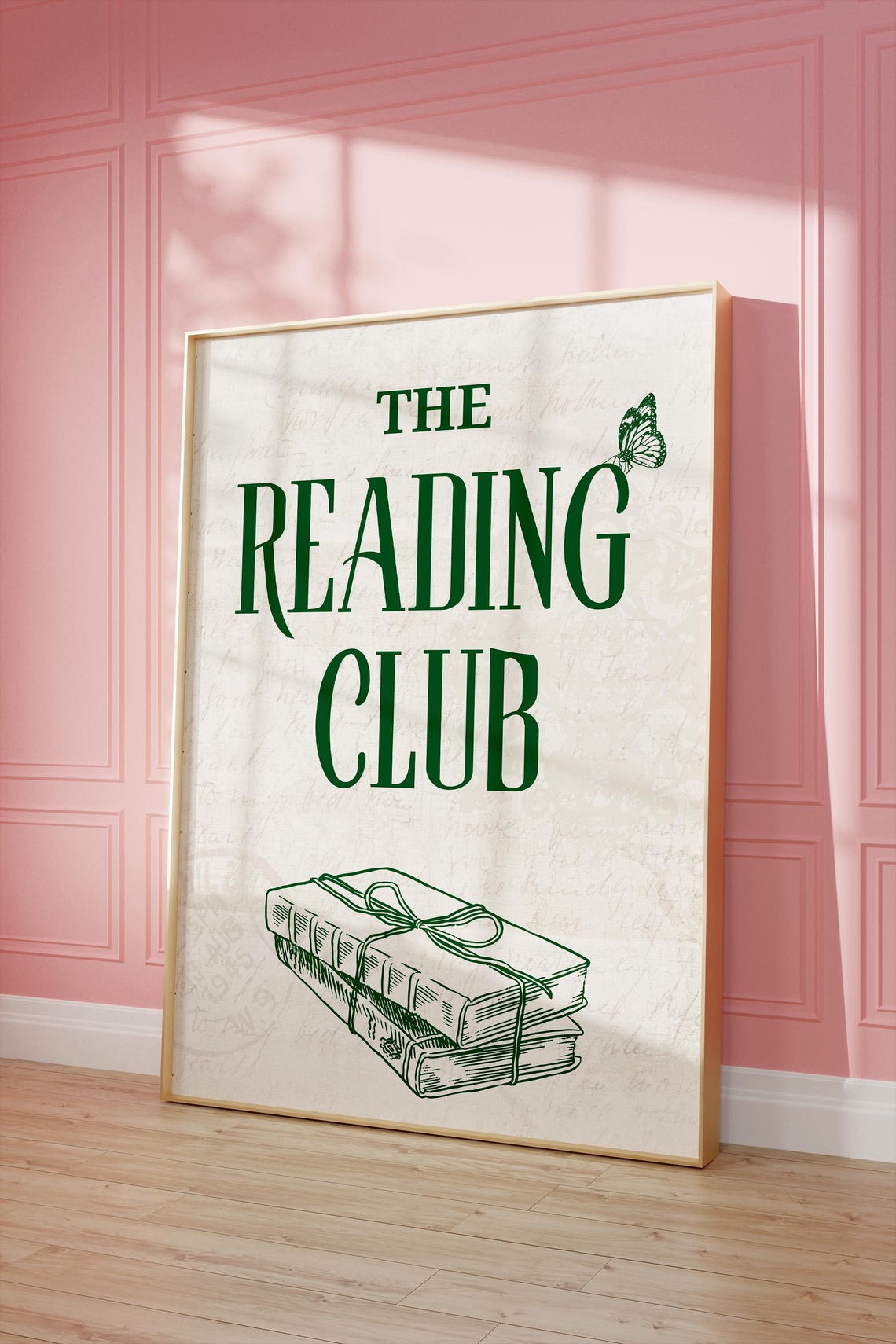 The Reading Club Green Book Stack Cute Butterfly Wall Art Poster - Image 3