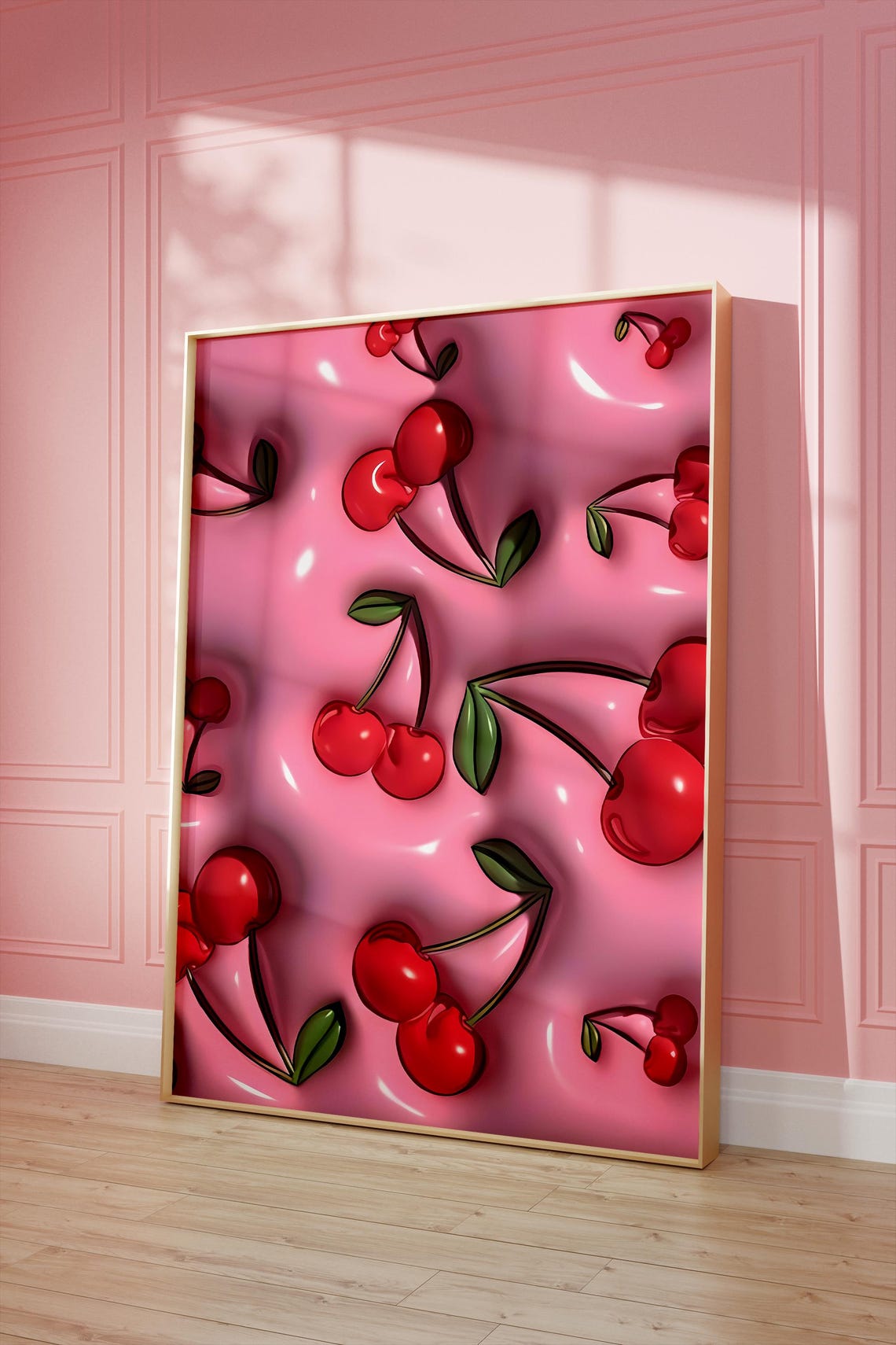 Pink Cherry Pattern 3D Glossy Cherries Retro Funky Wall Poster