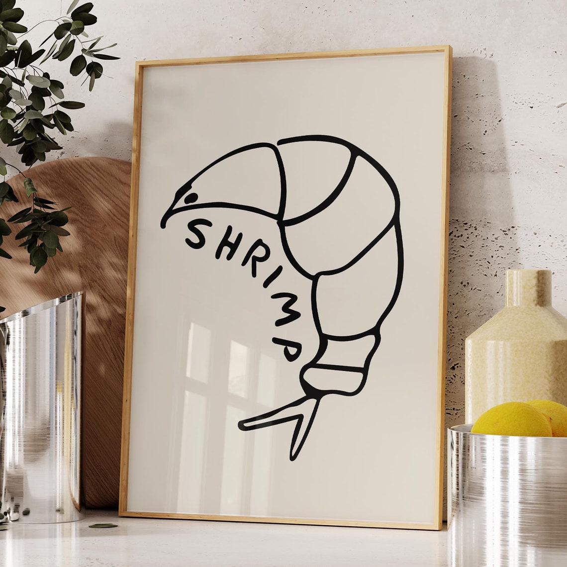 Shrimp Line Art Bold Black Minimalist Seafood Kitchen Decor Poster