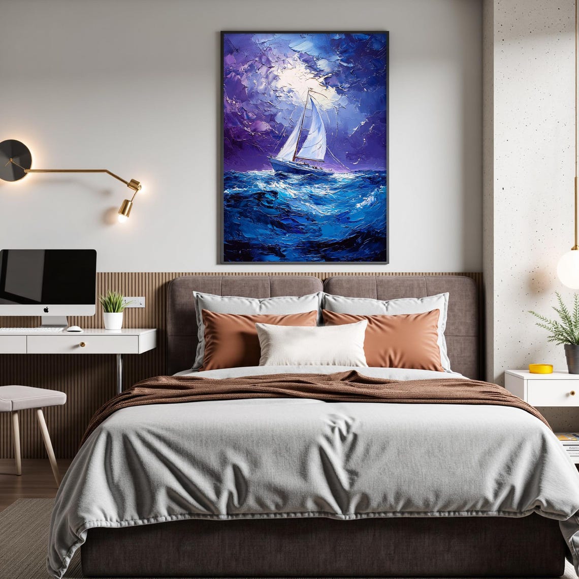 Sailboat Stormy Night Seas Purple Waves Impasto Dramatic Art Poster - Image 3