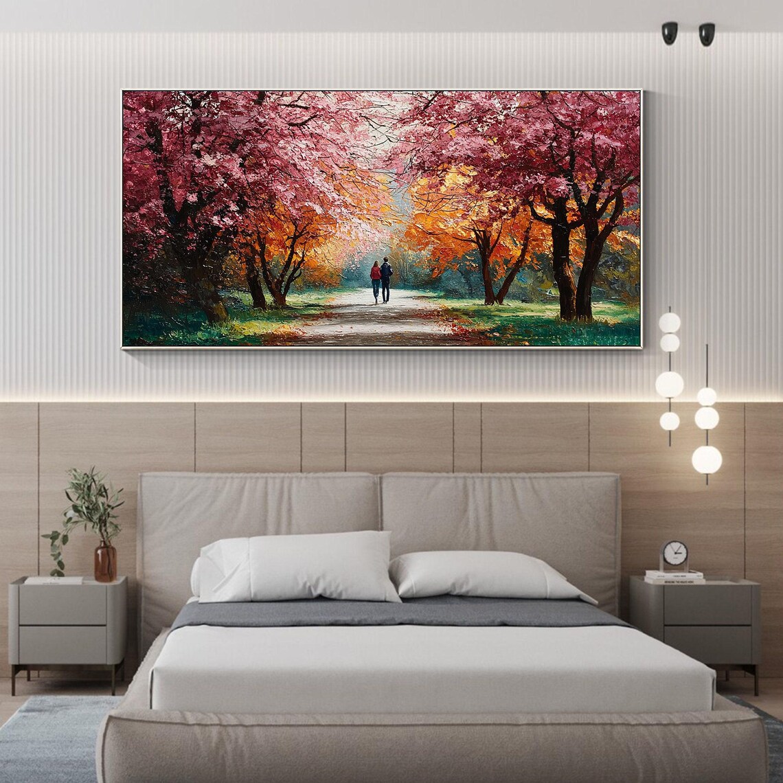 Couple Walking Autumn Park Colorful Trees Romantic Art Poster - Image 2