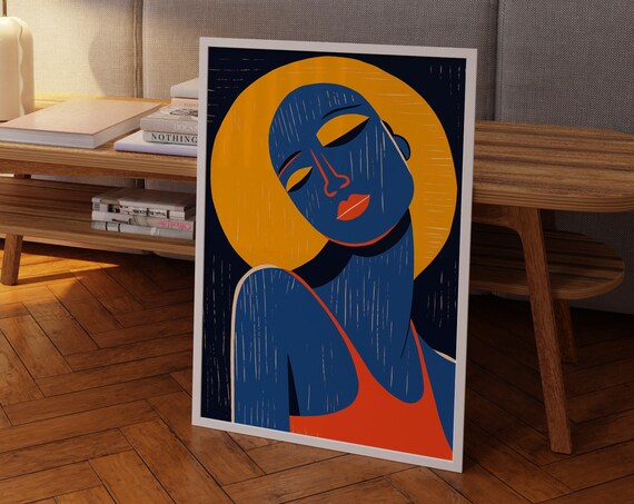 Bold Blue Woman Abstract Portrait Poster with Orange Sun Halo Design