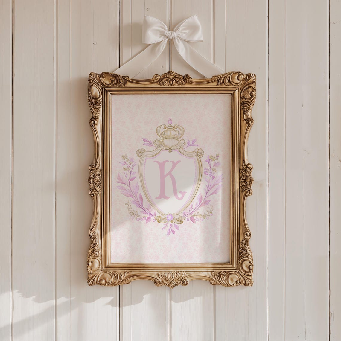 Initial K Pink Crest Coquette Floral Monogram Nursery Poster