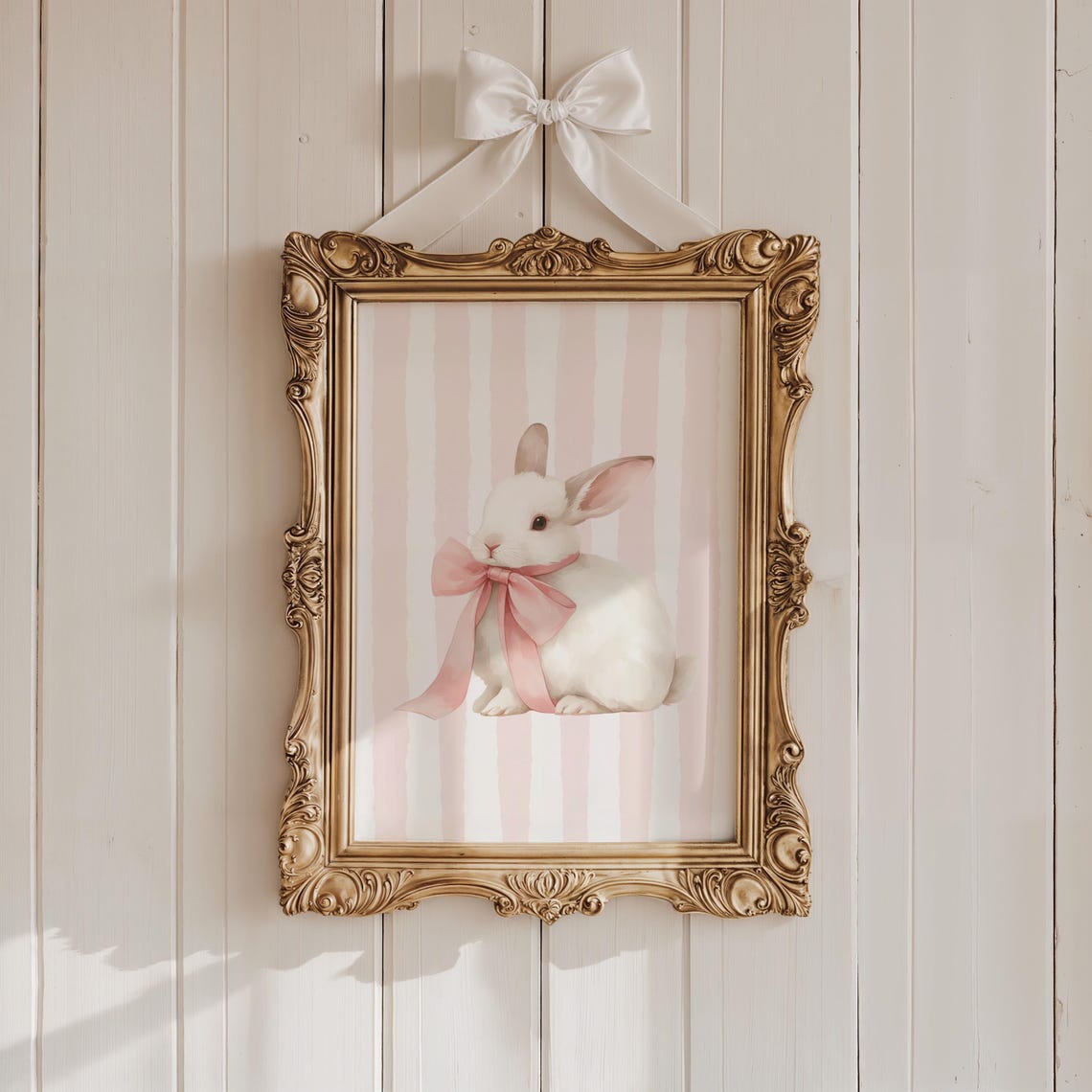 Fluffy White Bunny Pink Bow Striped Coquette Nursery Art Print