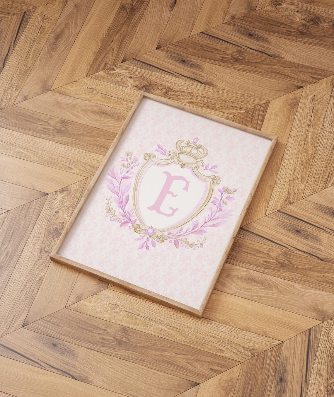 Initial E Pink Crest Coquette Floral Monogram Nursery Poster - Image 4