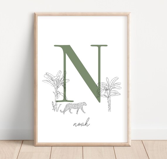 Boho Nursery Letter N With Leopard Safari Green Initial Poster