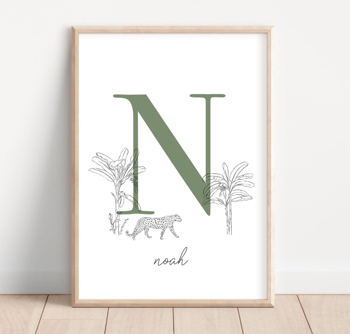 Boho Nursery Letter N With Leopard Safari Green Initial Poster