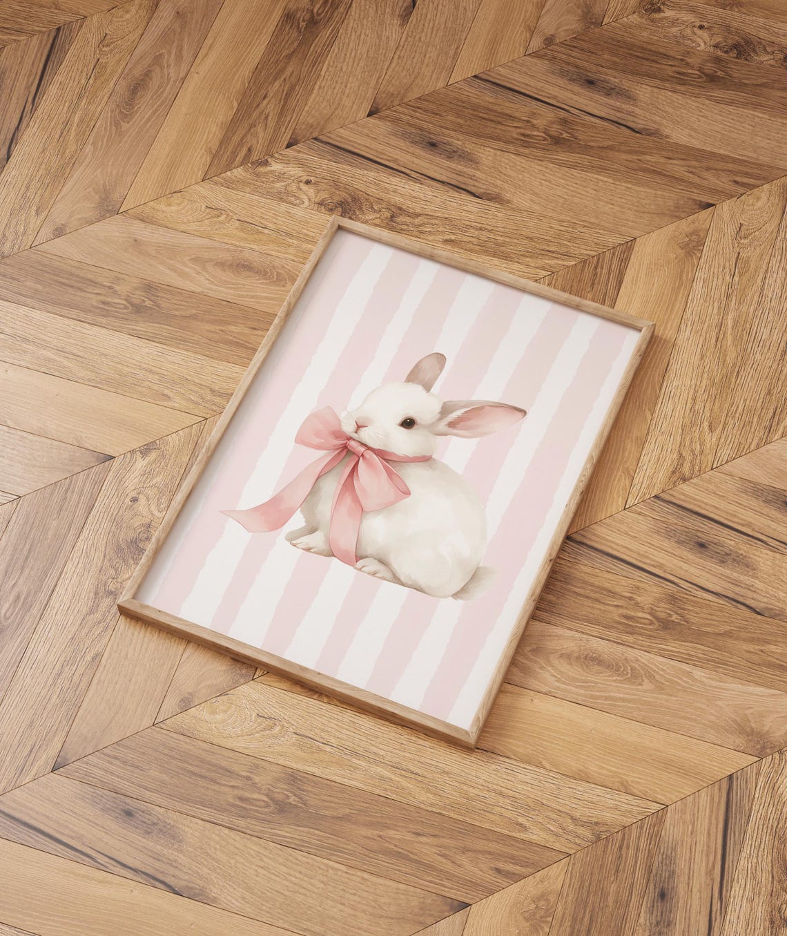 Fluffy White Bunny Pink Bow Striped Coquette Nursery Art Print - Image 4