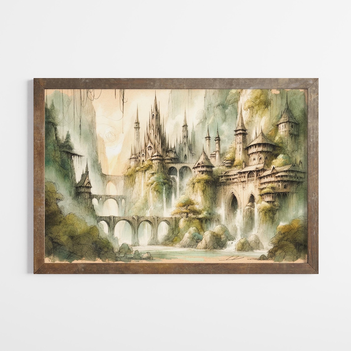 Rivendell Illustration, Black Ink and Watercolor Art Print