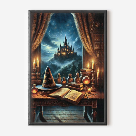 Wizard School Oil Painting Wizarding Wall Art Academia Castle Poster