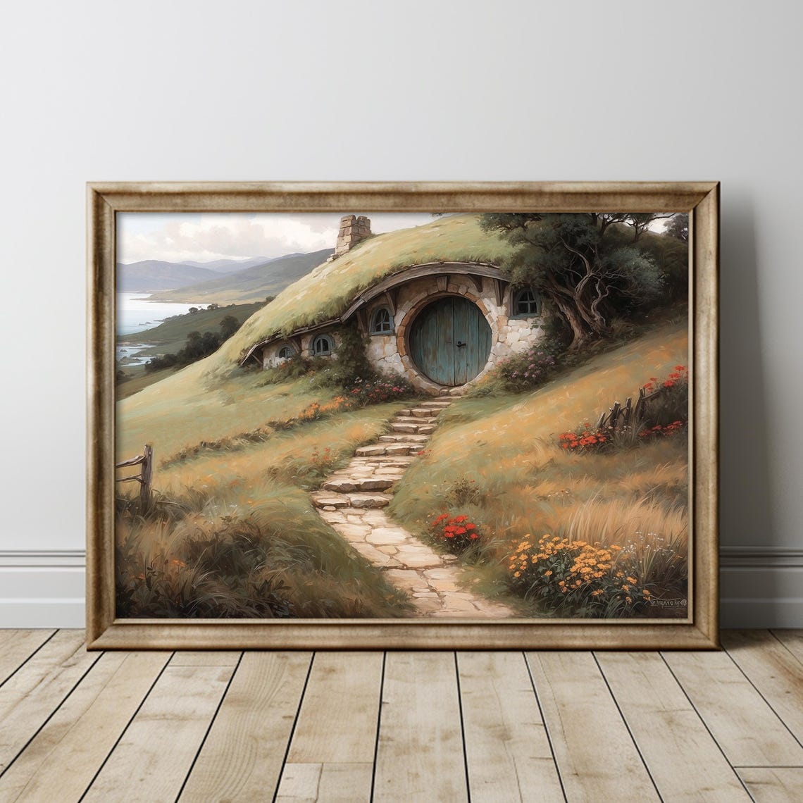 Round Door Hobbit Style Cottage in Rolling Green Hills Art Poster
