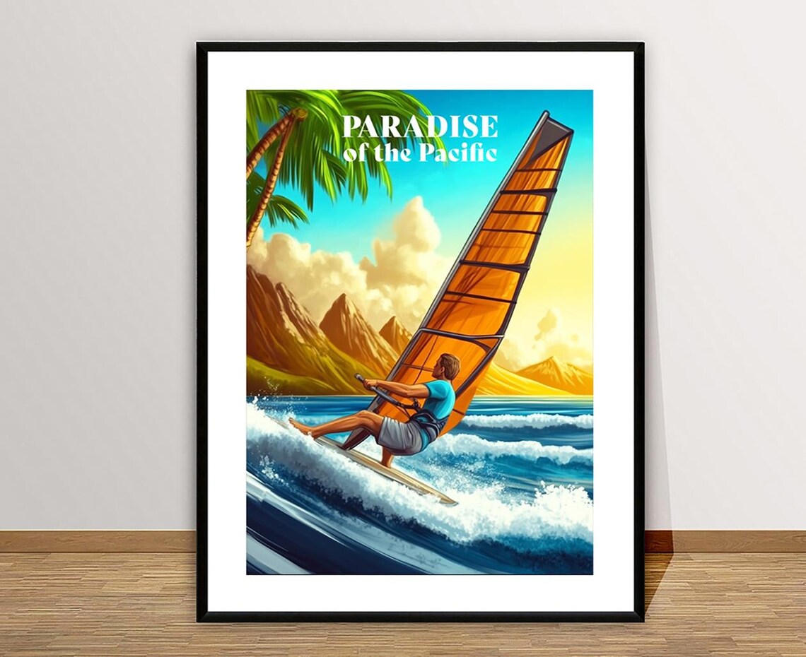 Paradise Of The Pacific Hawaii Travel Poster Windsurfing Man Gift Idea Wall Decor - Image 2