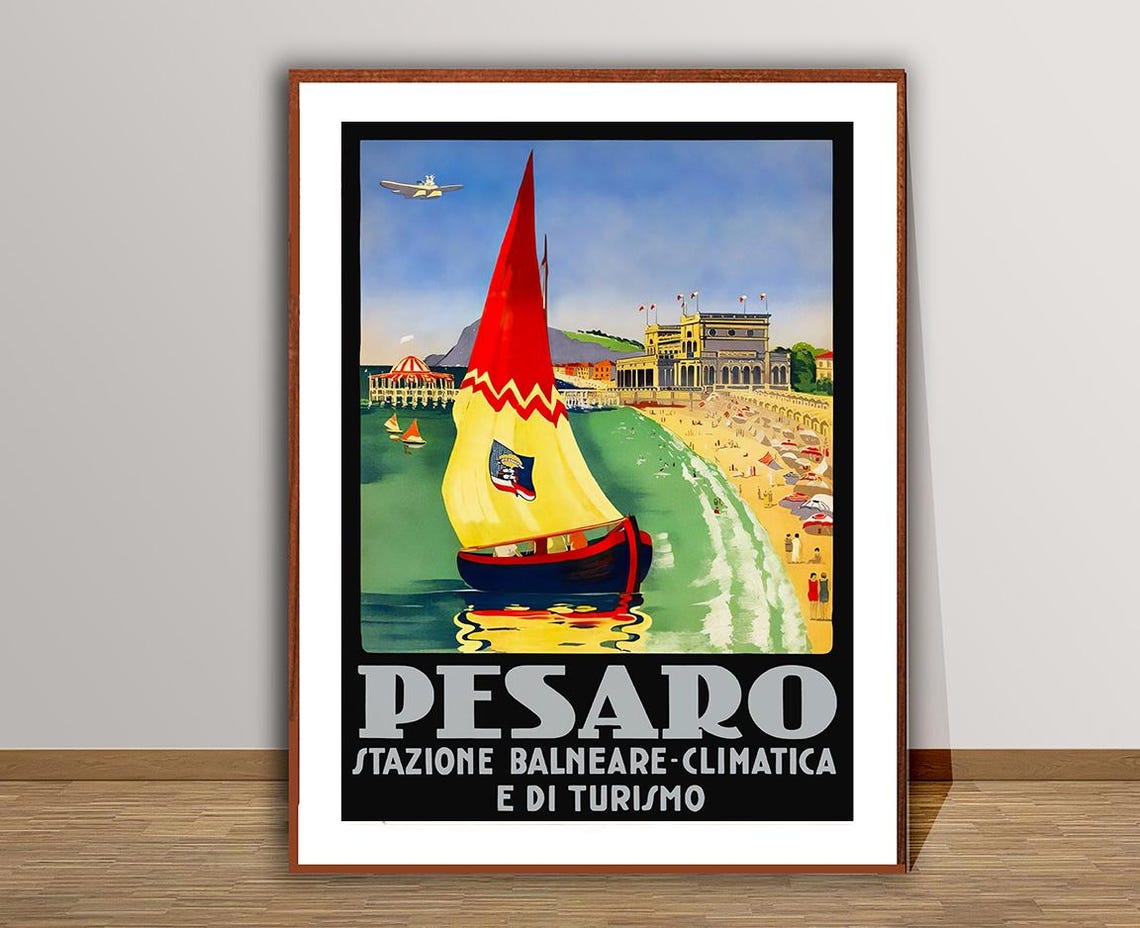Pesaro Italy Red Sailboat Beach Bathhouse Vintage Travel Poster