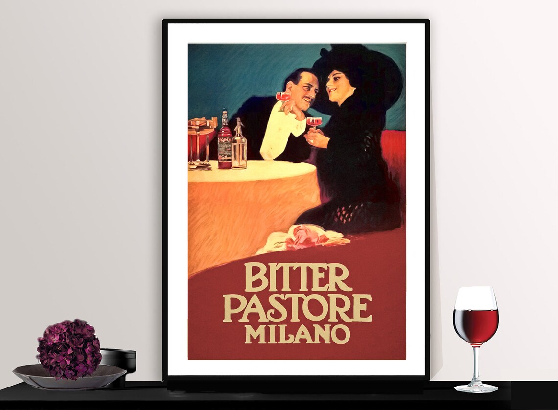Bitter Pastore Milano Vintage Italian Liquor Advertising Poster Couple