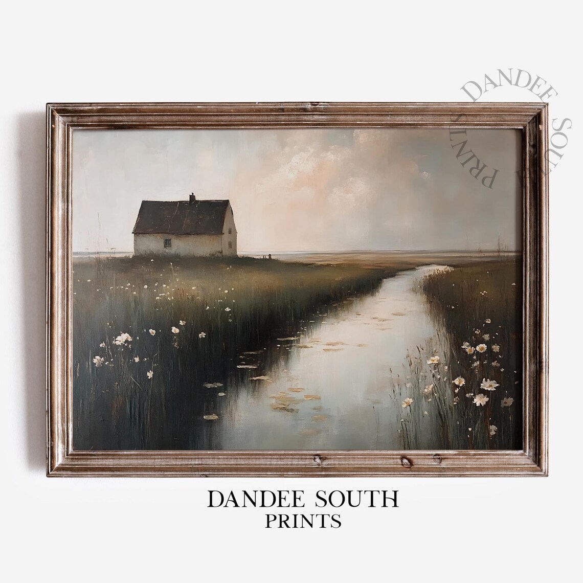 Lonely Cottage Marsh Wetland Flowers Moody Oil Painting Art Print