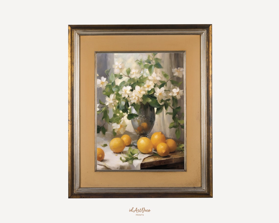 White Blossom Bouquet Lemons Still Life Impressionist Kitchen Poster - Image 2