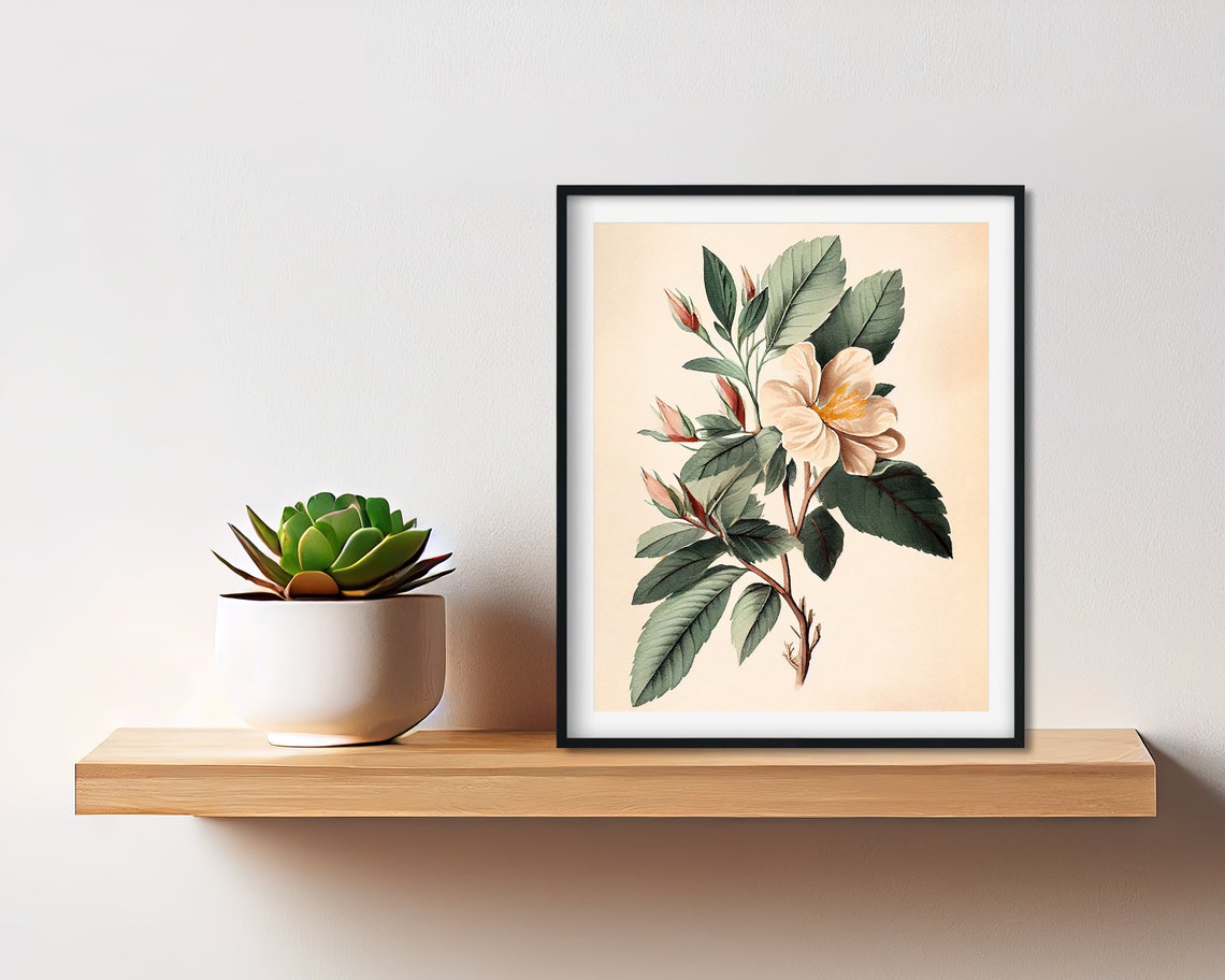 Vintage Botanical Blossom Branch Delicate Flower Buds Cream Poster - Image 2