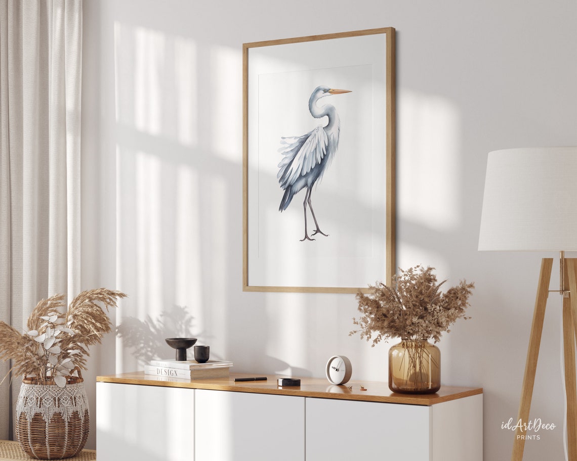 Watercolor Grey Heron Standing Bird Wildlife Minimalist White Poster - Image 3