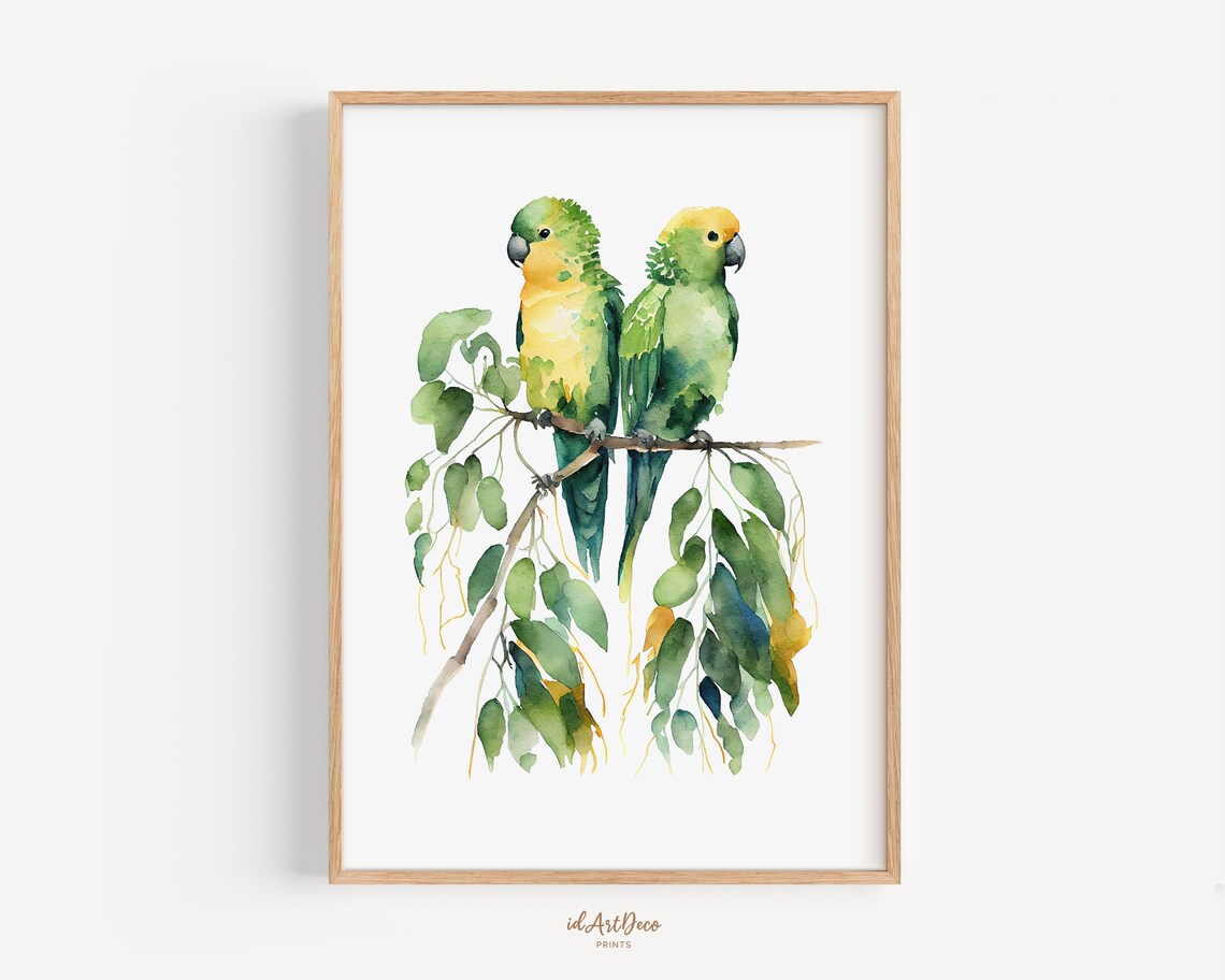 Green Parrot Pair on Branch Watercolor Bird Painting Tropical Poster