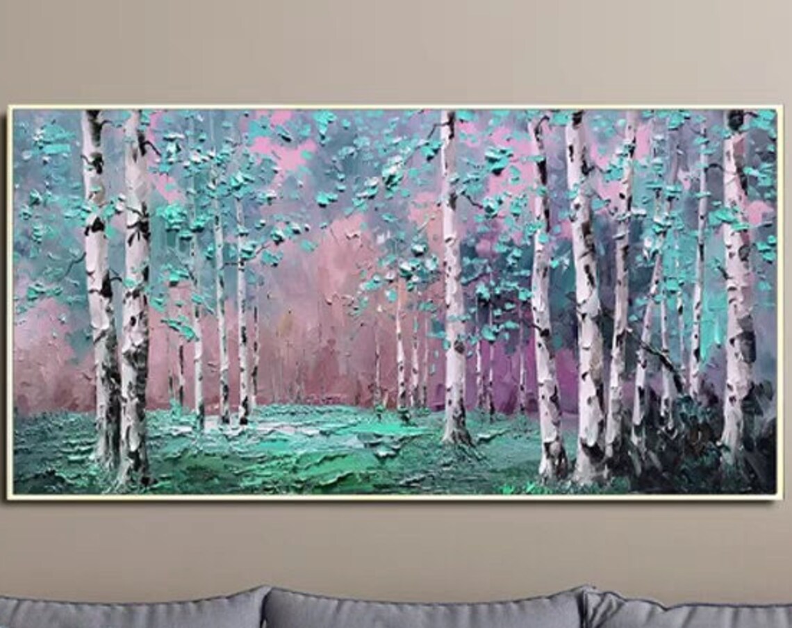 Pink Birch Forest With Mint Green Abstract Landscape Painting Poster
