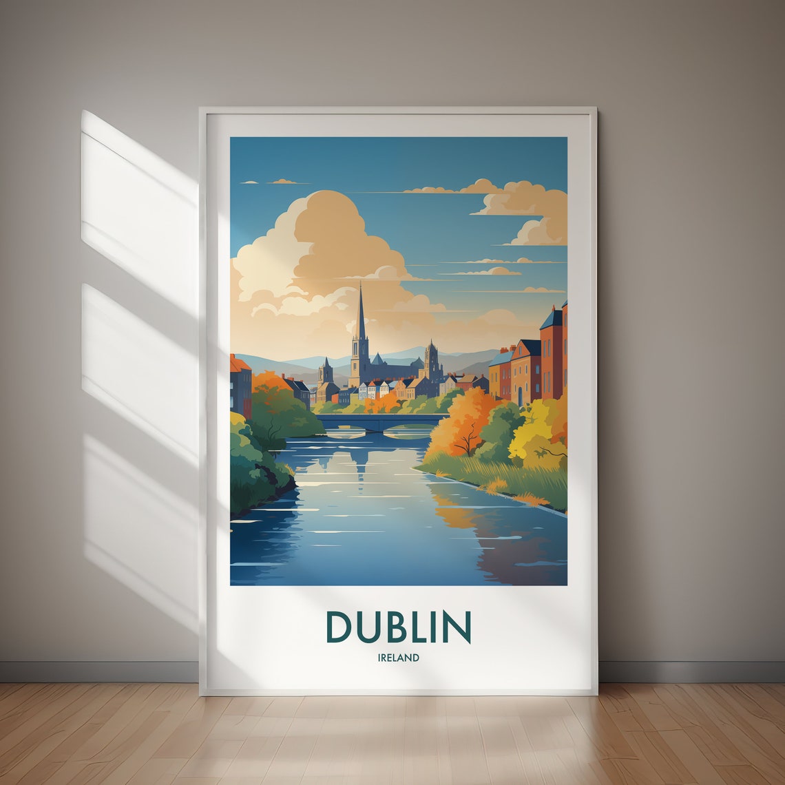 Dublin Ireland Autumn River Bridge Cathedral Spire View Poster