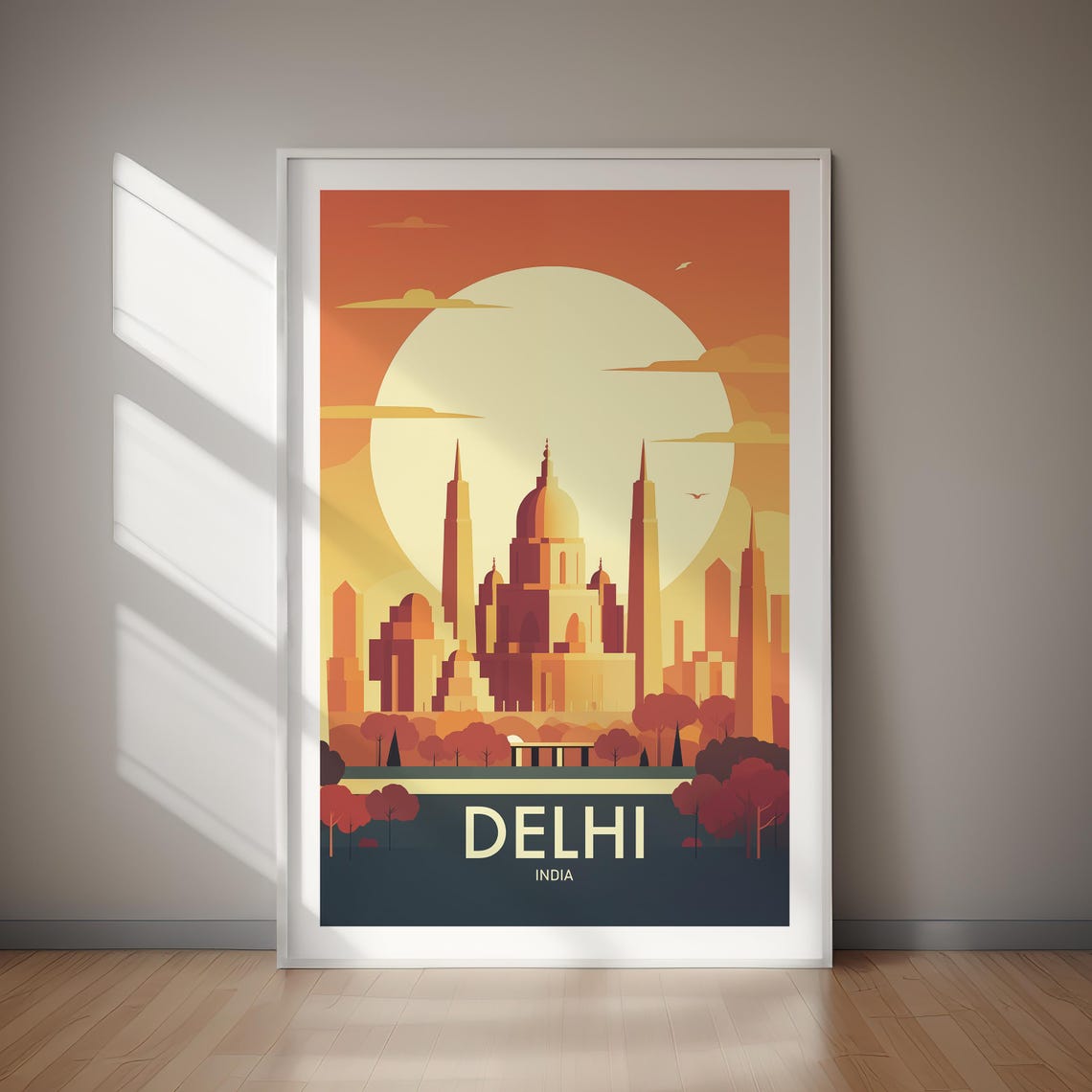 Delhi India Sunset Cityscape Dome Skyline Vintage Travel Poster
