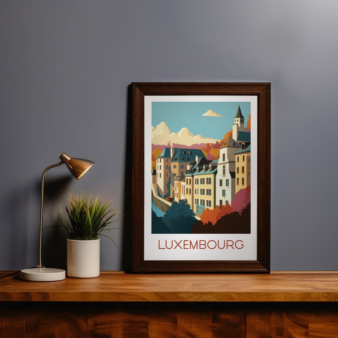 Luxembourg Charming Old Town Autumn Colors Retro Travel Poster
