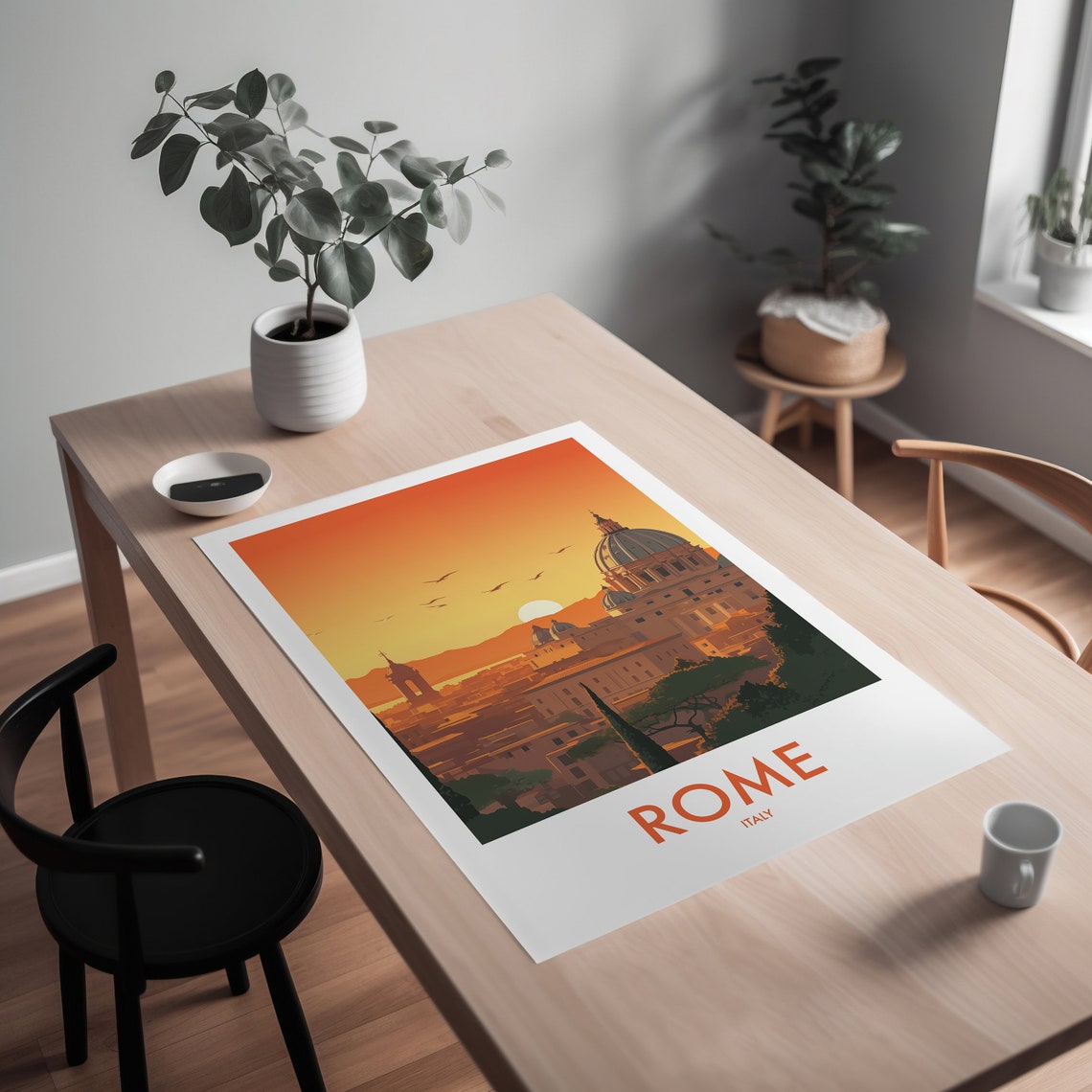 Rome Italy Golden Sunset Skyline Dome Birds Cypress Trees Poster - Image 2