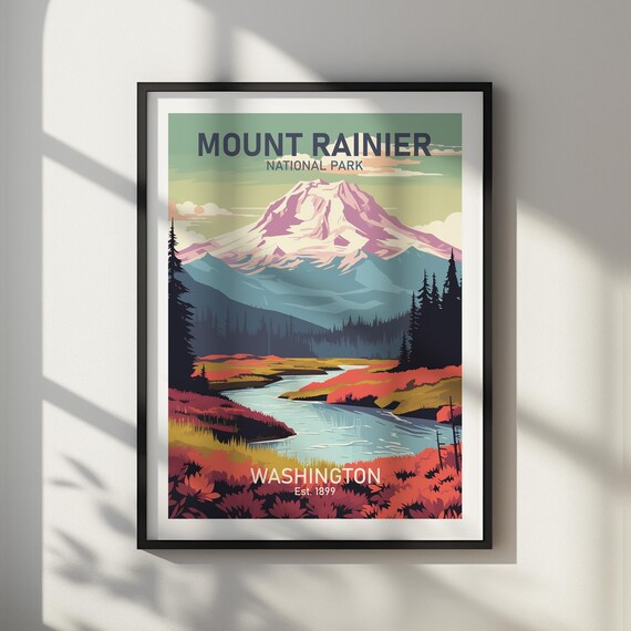 Mount Rainier National Park Washington Mountain Peak Travel Art Poster
