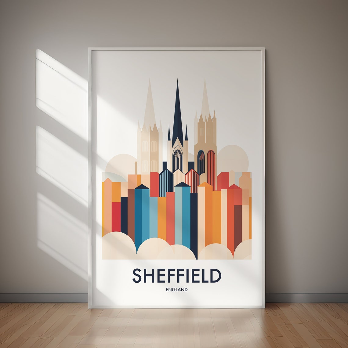 Sheffield England White Minimal Retro Spires Skyline Travel Poster
