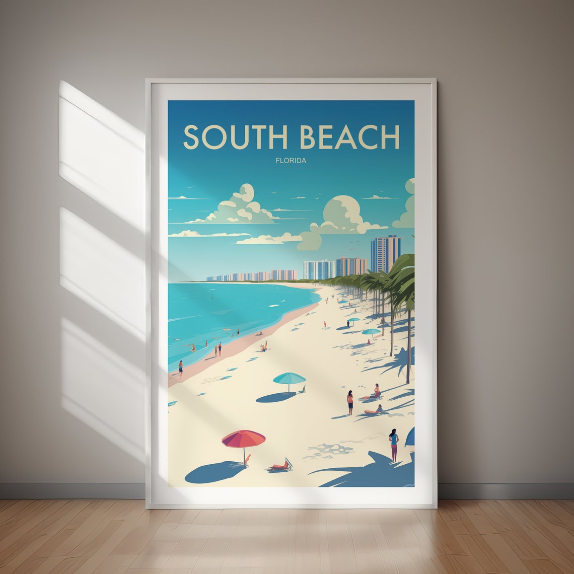 South Beach Florida Skyline Umbrellas Seaside Travel Art Poster