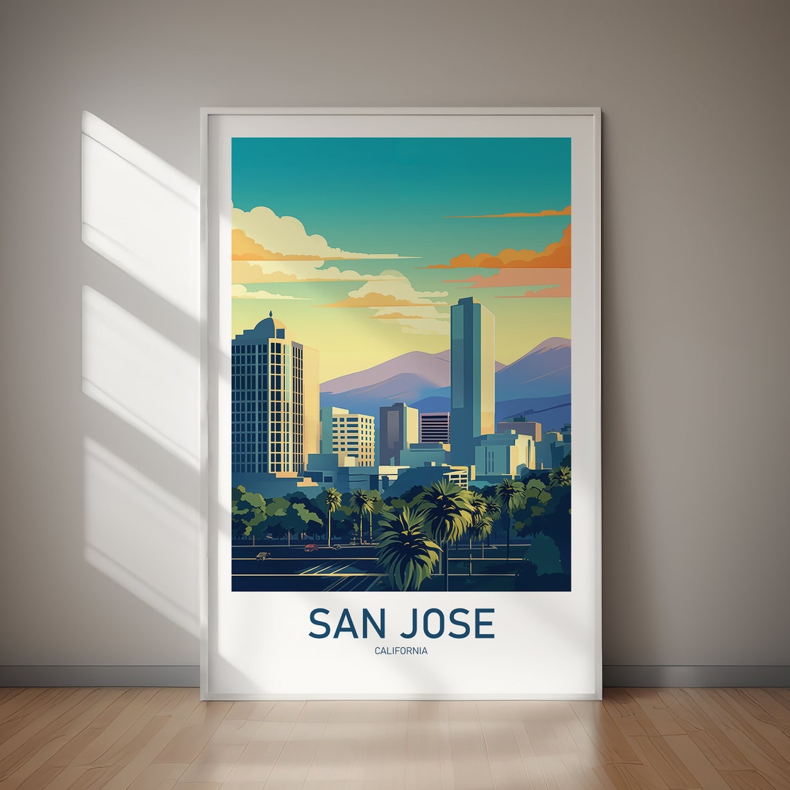 San Jose California Skyline Mountains Palms Vintage Travel Poster