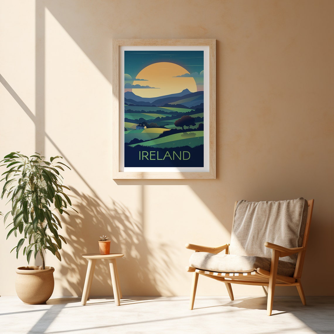 Ireland Emerald Hills Sunset Cottage Scenic Vintage Travel Poster