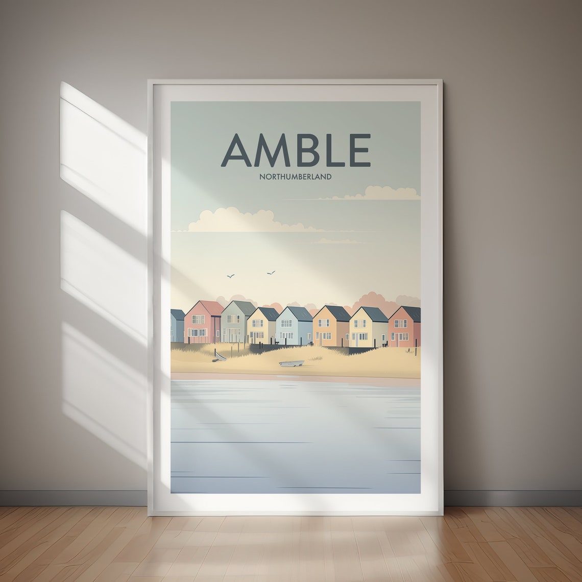 Amble Northumberland Pastel Beach Houses Waterfront Travel Poster