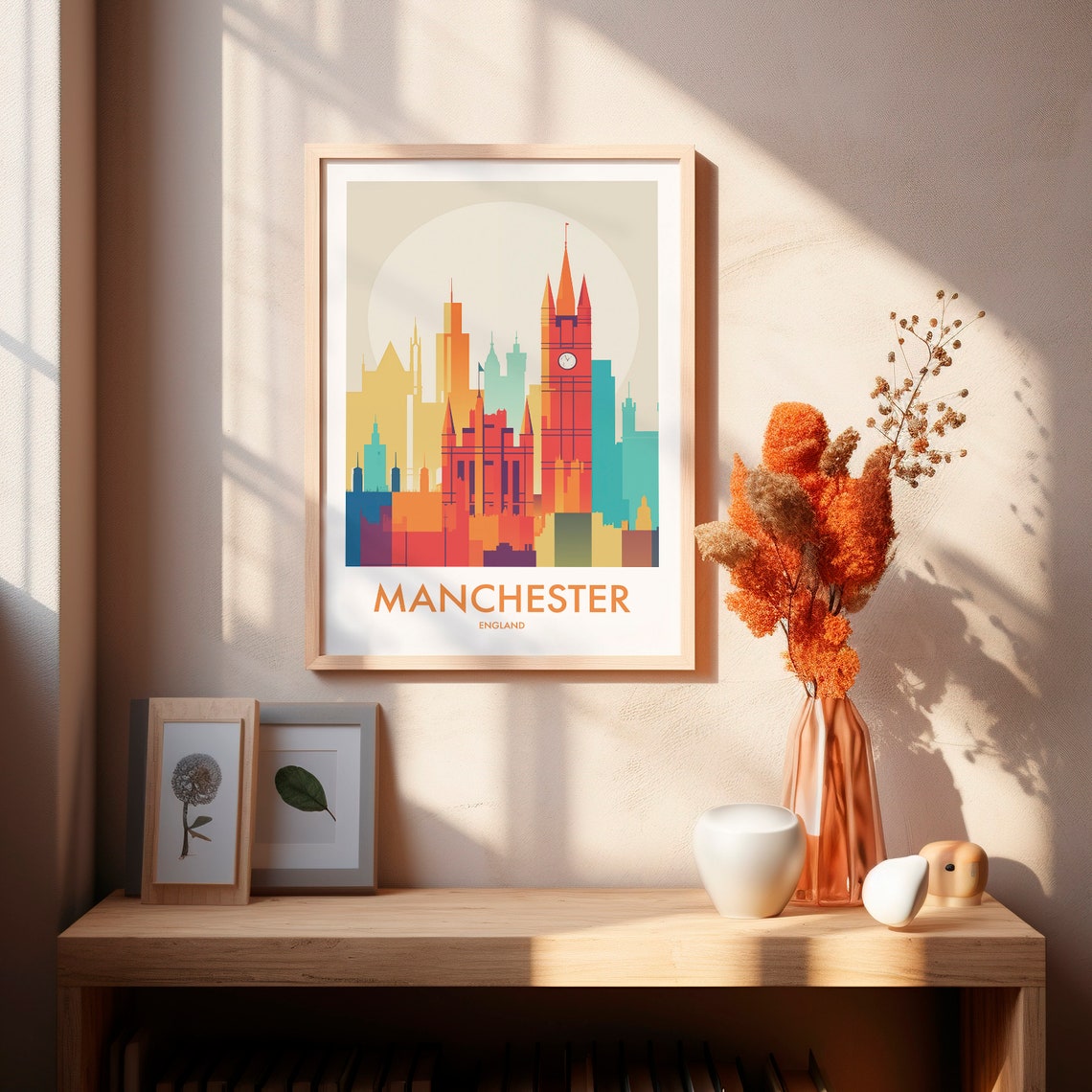 Manchester England Minimalist White Sunset Skyline City Travel Poster - Image 2