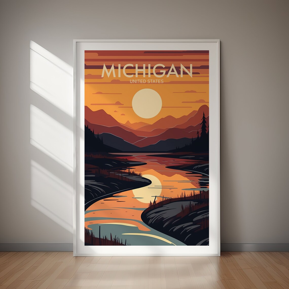 Michigan Golden Sunset River Valley Retro Vintage Travel Poster