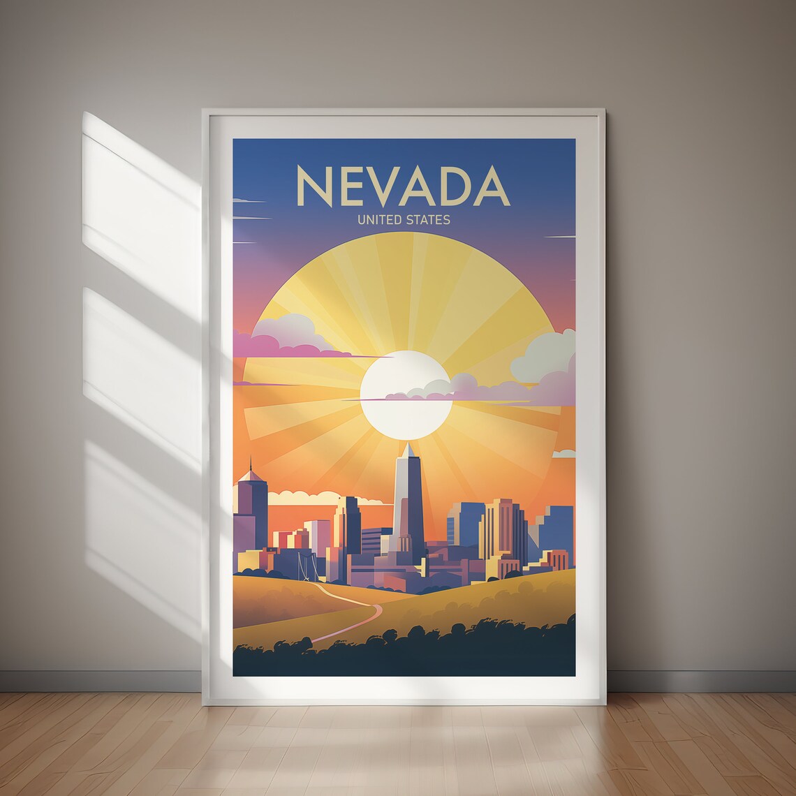 Nevada Golden Sunset City Skyline Retro Vintage Travel Poster